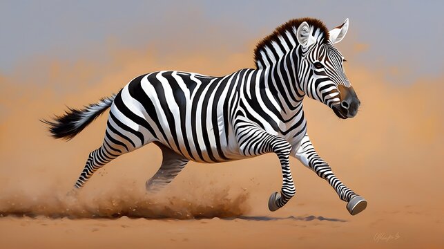 Striped Zebra Running Across The African Savanna