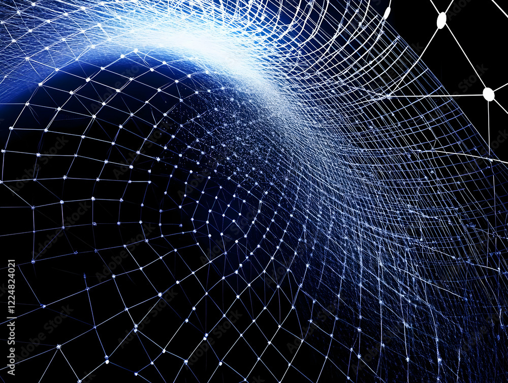 Poster abstract blue network grid spreads across a dark background with glowing nodes