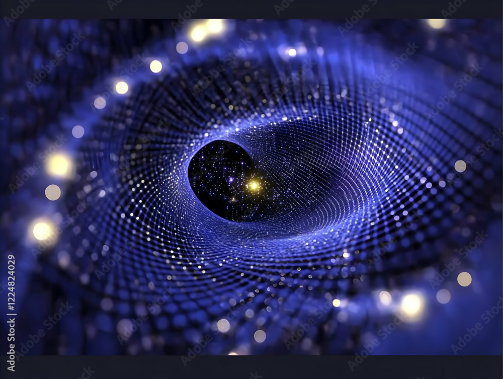 Poster abstract blue wormhole creates tunnel through space with sparkling particles and bokeh effects