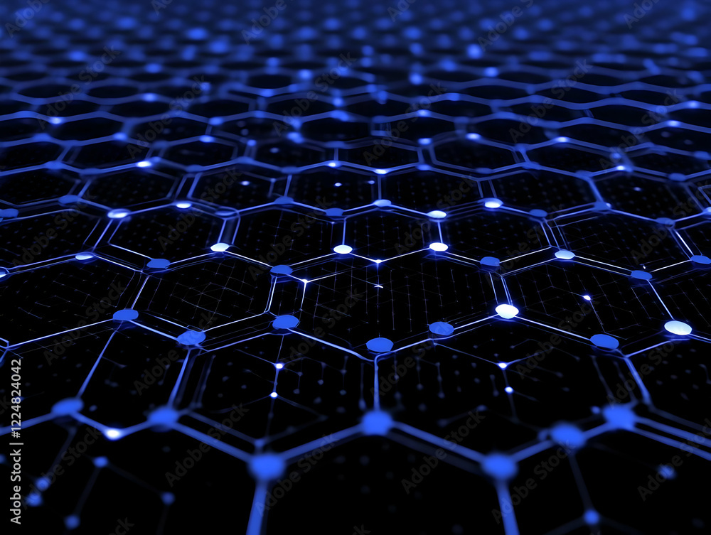 Aufkleber abstract 3d hexagonal mesh network glows blue in digital space, futuristic technology background