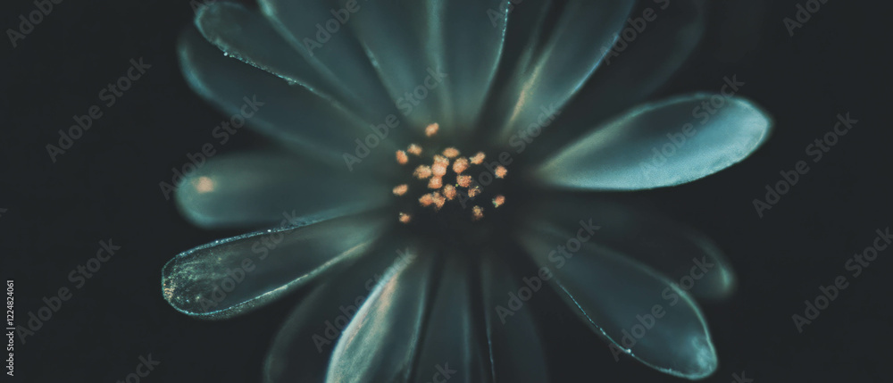 Poster macro photography of a flower showing intricate details against a dark background