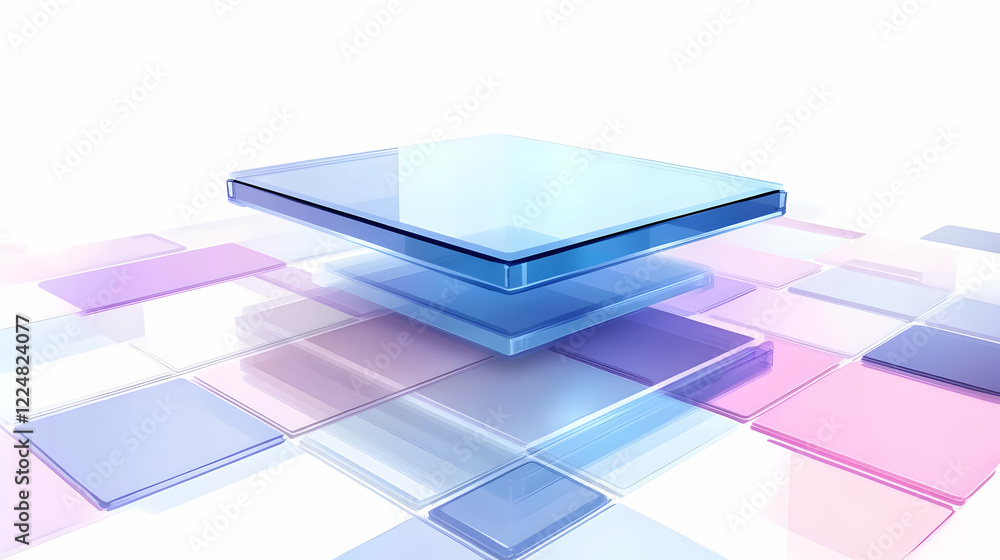 Poster 3d render of abstract glass square on colorful tiles smoothly on white background