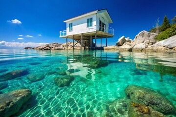 Fototapeta premium Modern Stilt House Over Turquoise Water, Tropical Island Getaway, Luxury Vacation Home