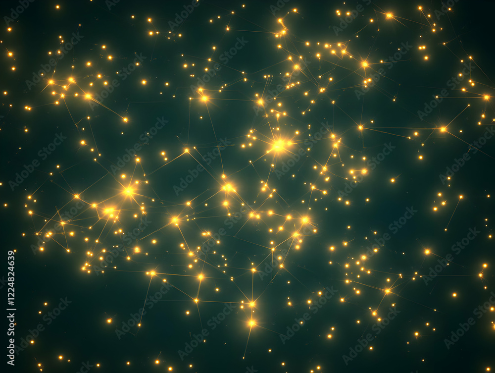 Poster abstract background with golden particles and interconnected lines creates a network effect