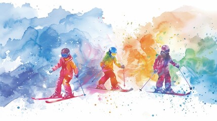 Learn to Ski and Snowboard Month Colorful artistic skiing adventure with three young skiers