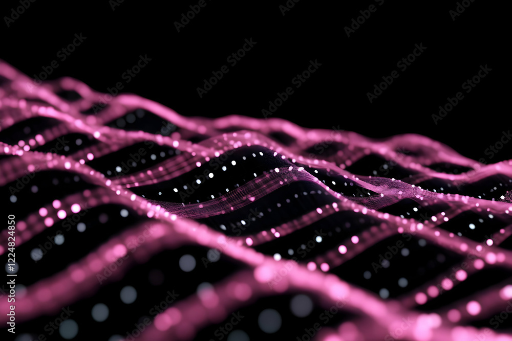 Aufkleber abstract pink wavy particle grid creates dynamic flowing motion on a dark background.