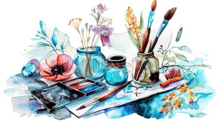 National Hobby Month Vibrant watercolor art supplies and floral arrangement
