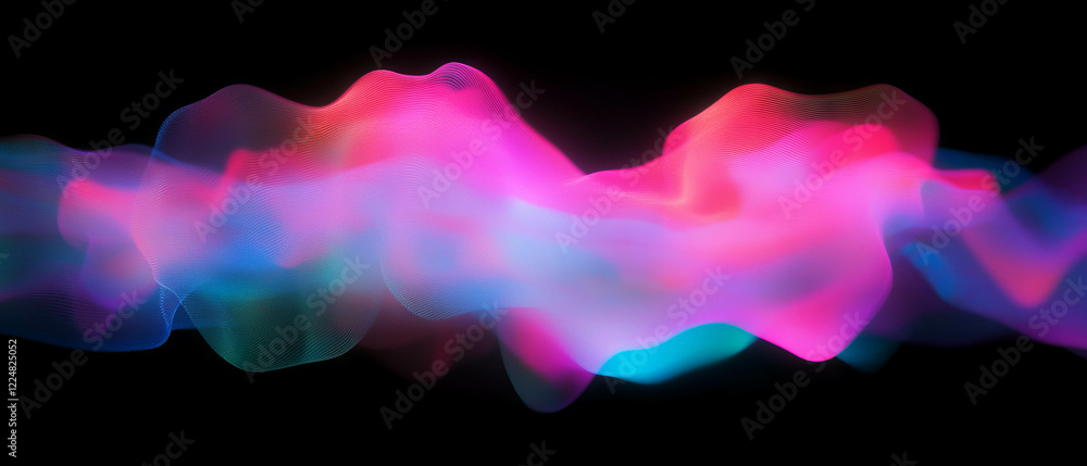 Poster vibrant abstract neon shapes creating flowing curves against a black background