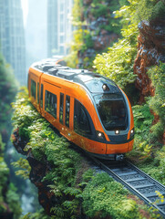 Orange train travels through lush, vibrant jungle.