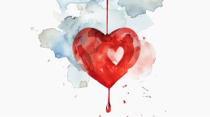 National Volunteer Blood Donor Month Red watercolor heart with blue splashes and dripping paint