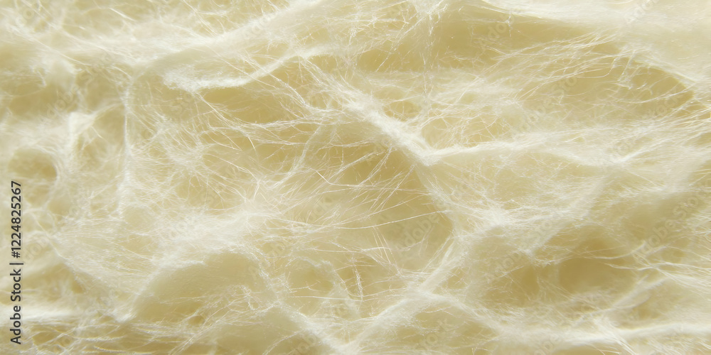 Poster close-up of delicate off-white fibrous material shows intricate textures and subtle patterns.