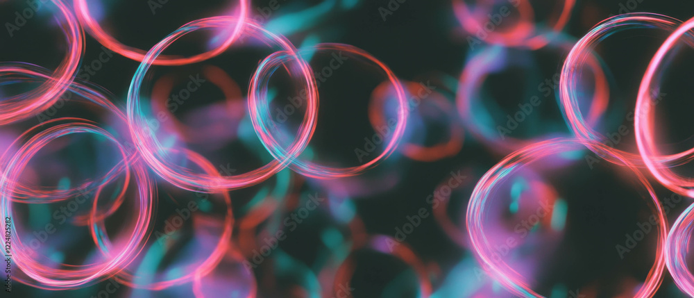 Poster Vibrant neon circles with a continuous loop on a dark background create a mesmerizing effect