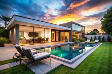 Fototapeta premium Modern White Stucco House with Pool & Outdoor Living Area - Double Exposure Photography