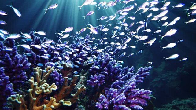 Sparkling underwater scene with colorful corals, tropical fish, and shafts of sunlight breaking through the water