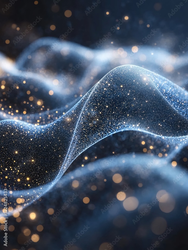 Poster abstract fluid wave of glowing particles on dark background with golden bokeh effect