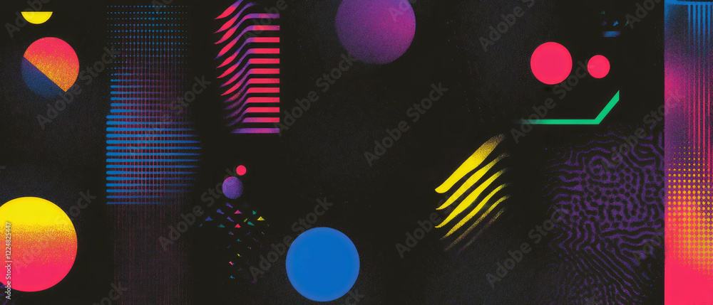 Poster bright neon geometric patterns create a modern art texture against a black background