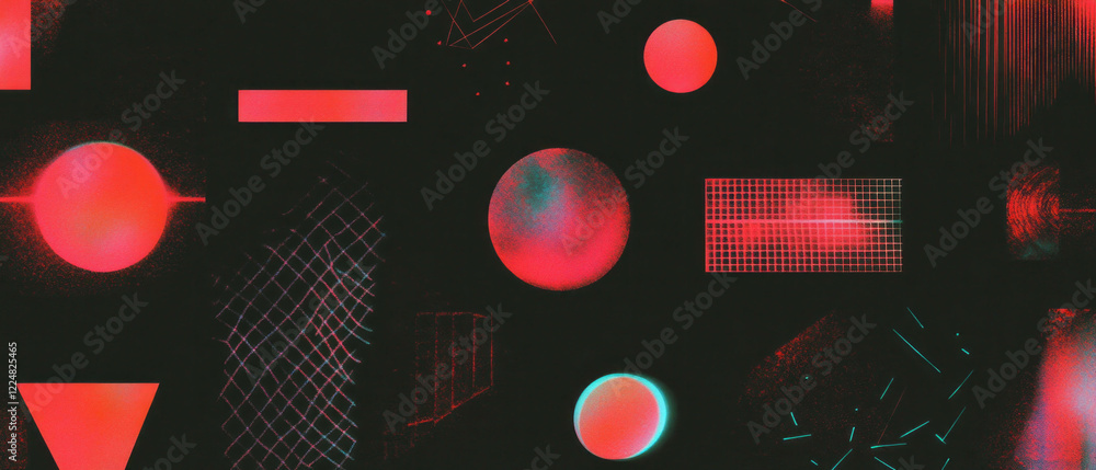 Poster neon geometric patterns create vibrant textures against a black background in modern art display