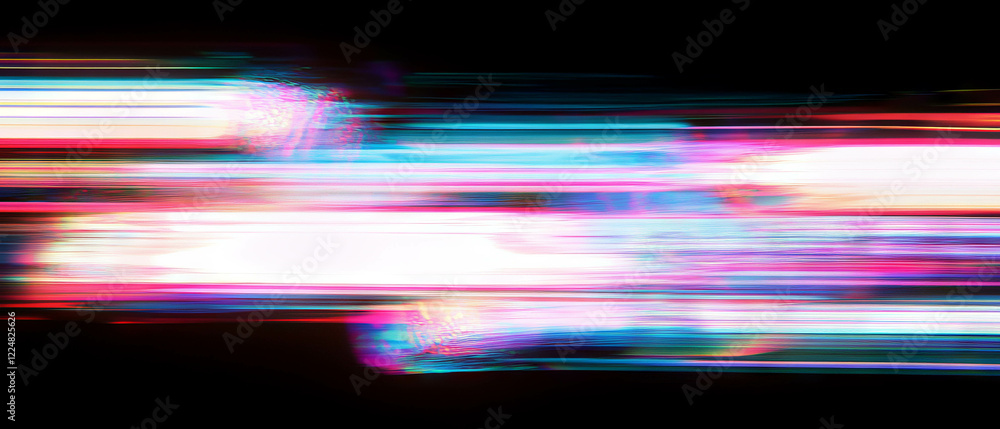 Poster neon glitch effect with vibrant colors and distorted lines creates a digital art overlay