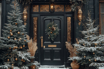 Snow-dusted Christmas trees flank a dark, ornate doorway adorned with a wreath.