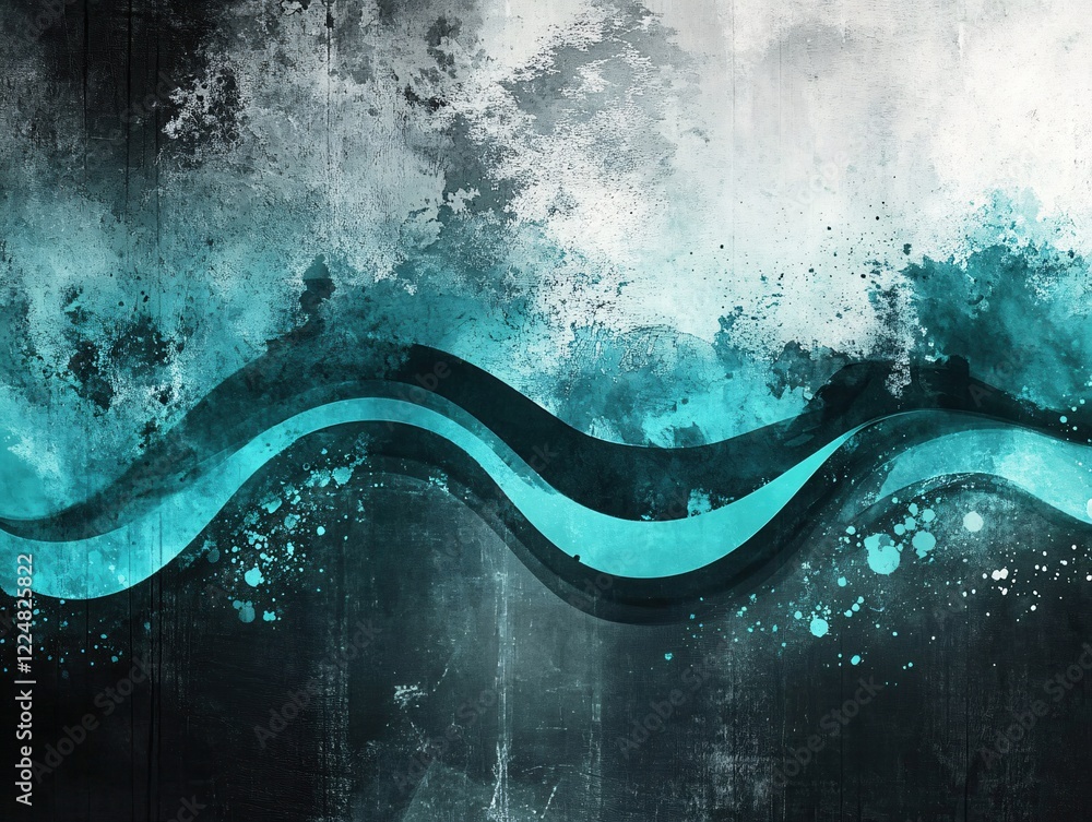 Aufkleber abstract teal wave on grunge surface with splatters and texture creating a modern design