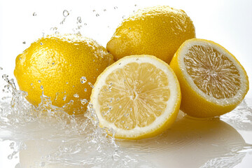 Juicy lemons splashing in water.