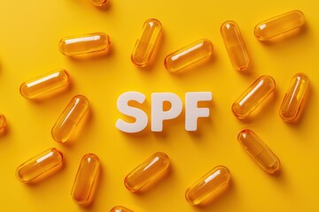 Sun Protection Factor Capsules On Yellow Background