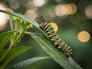 Naklejka premium Monarch Butterfly Caterpillar Feeding on Leaf - Long Exposure Stock Photo
