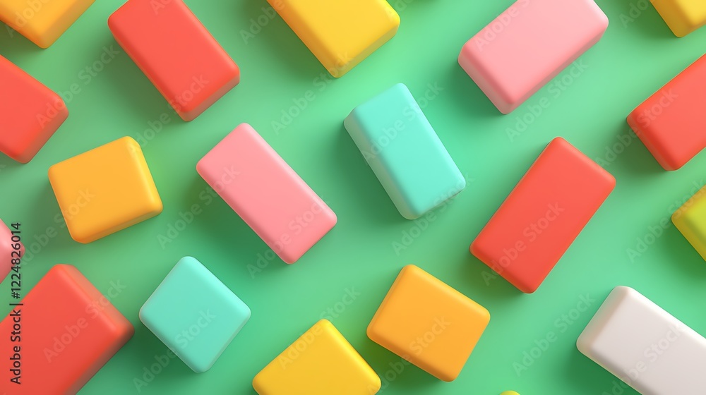 Poster colorful geometric objects on a green surface creating a playful and vibrant aesthetic for creative 