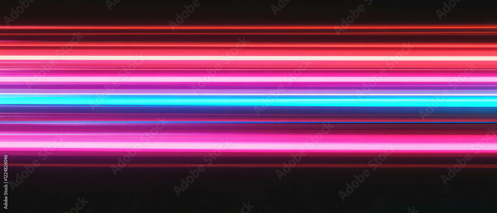 Poster bright neon light trails create dynamic motion blur effect against dark background