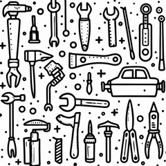 Hand-drawn illustration of various tools and a car.