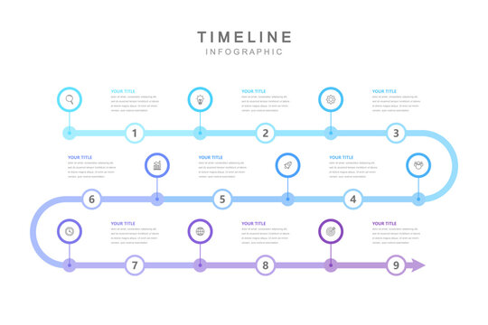 Business road map timeline infographic concept. with icons and 9 steps. Can be used for workflow layout, icons, diagram, report, web design Creative. marketing data. Vector illustration	