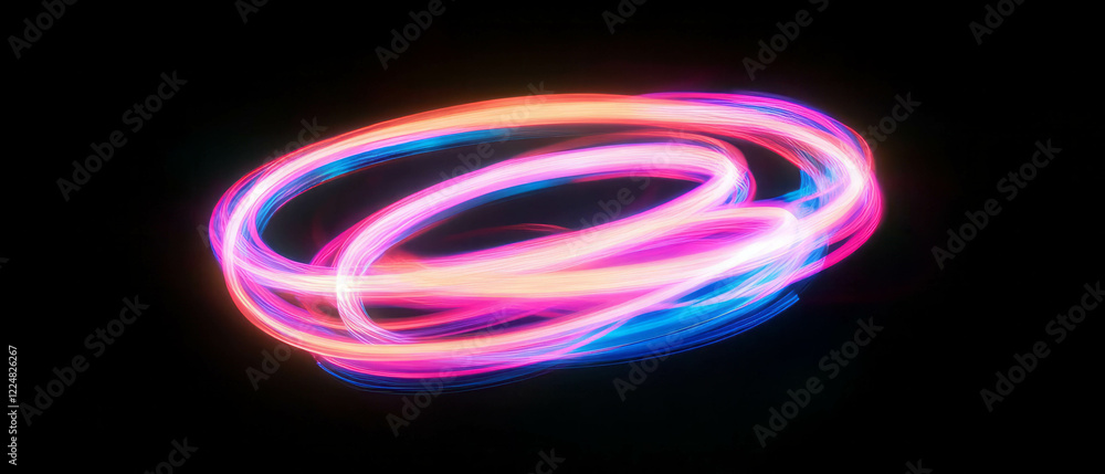 Poster Vibrant neon spiral texture with dynamic patterns on a black background creating visual motion