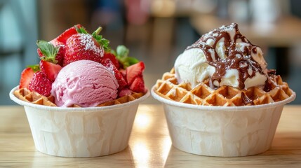 Sweet Strawberry and Vanilla Ice Cream Dessert in Waffle Bowls