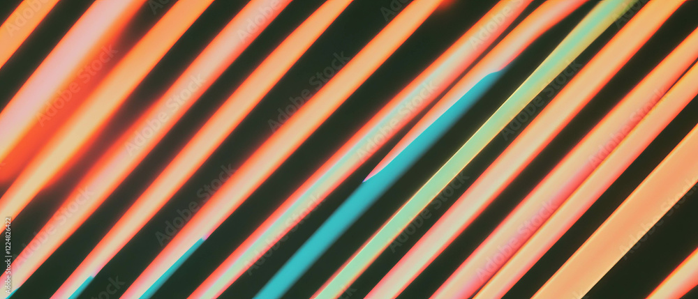 Poster Neon stripes create a vibrant geometric pattern on a black background in a dazzling design