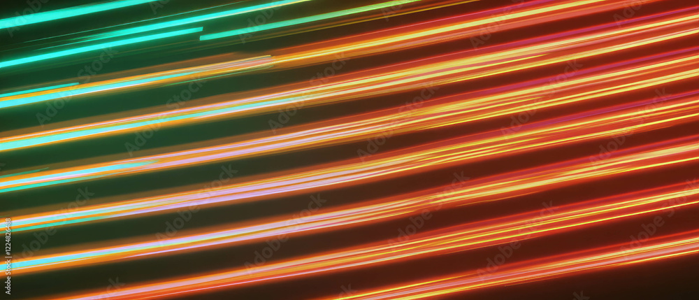Poster vibrant neon stripes with geometric patterns illuminating a dark background in dynamic colors