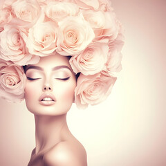 Beautiful Woman with Rose Crown Poses Serenely for Beauty Portrait Illustration.