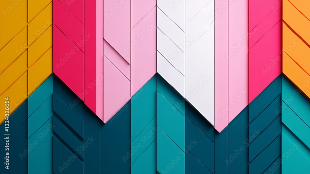 Poster colorful geometric patterns with dynamic shapes and contrasting colors on a modern surface