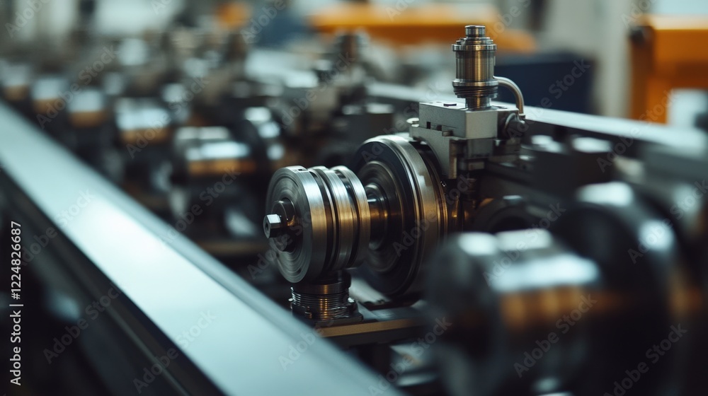 Poster close-up of precision machinery in a factory setting, showcasing intricate components and assembly l