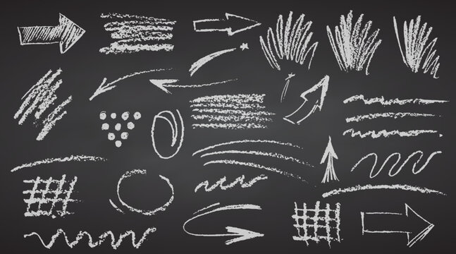 Charcoal pencil hand drawing curly lines, splash, squiggles and shapes. White elements on chalkboard. Grunge chalk crayon scribbles doodles textures. Rough crayon strokes. Vector illustration