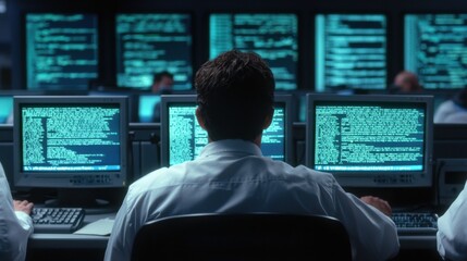 Team of Programmers Working on Computer Systems in a Modern Office