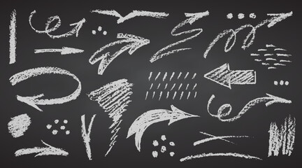 Charcoal pencil hand drawing curly arrows. White elements on chalkboard Grunge chalk crayon doodles textures Swishes swashes swoops swooshes, scribbles and squiggles Crayon strokes Vector illustration