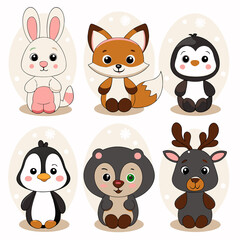 Adorable cartoon winter animals rabbit, fox, penguins, bear, reindeer.