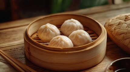 Steaming dim sum dumplings in bamboo basket on wooden table