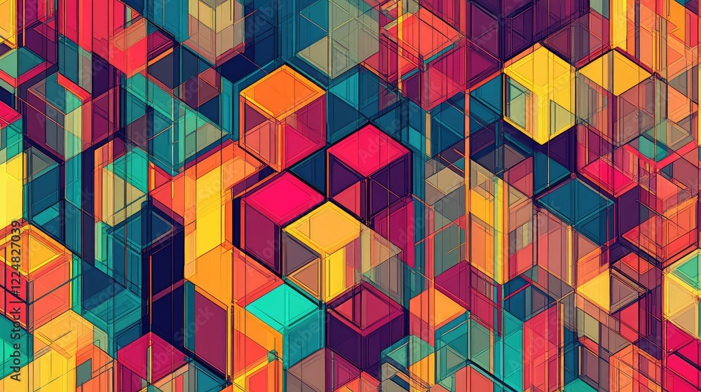 Poster vibrant geometric abstraction with colorful cubes and hexagons in a dynamic arrangement for modern a