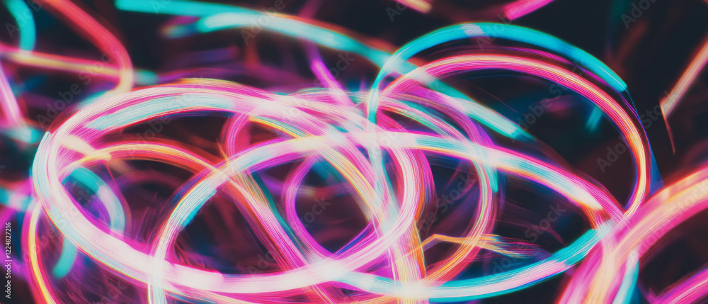 Poster Pulsating neon light overlays create dynamic patterns against a dark background