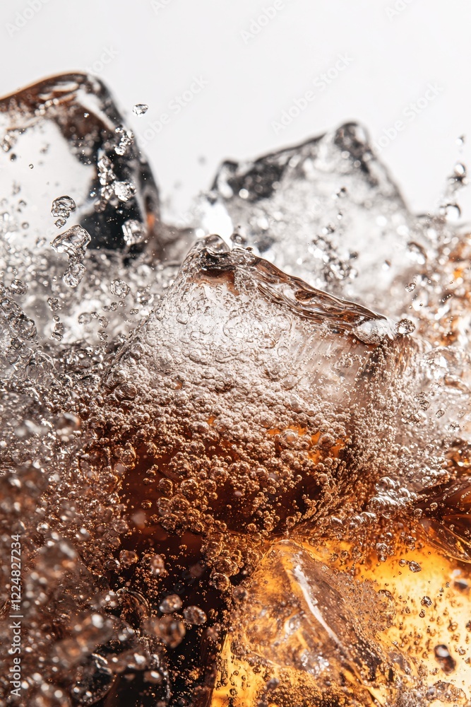 Aufkleber ice cubes and fizzy drink creating splash in a glass on a white background close up view
