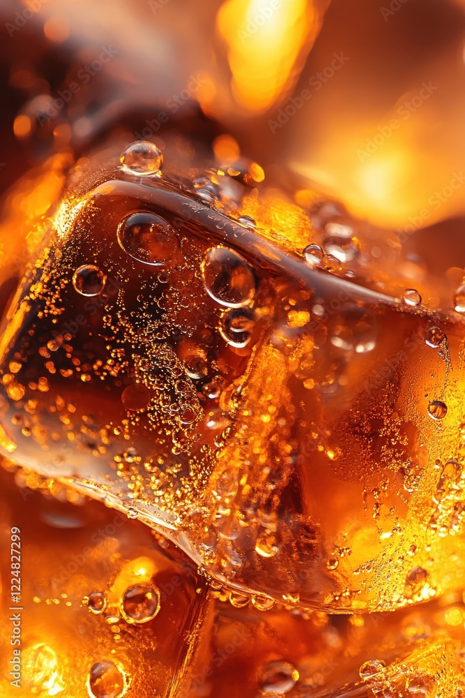 Poster close up of ice cubes in amber liquid with many bubbles and light reflections creating an abstract t
