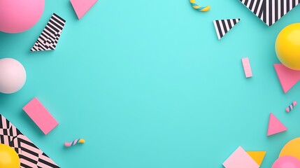 Fototapeta premium Colorful Geometric Shapes and Balloons on Turquoise Background for Creative and Playful Designs