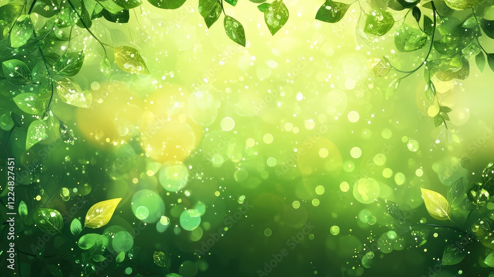 Poster lush green leaves with soft bokeh and sparkling light creating a serene and tranquil nature backgrou