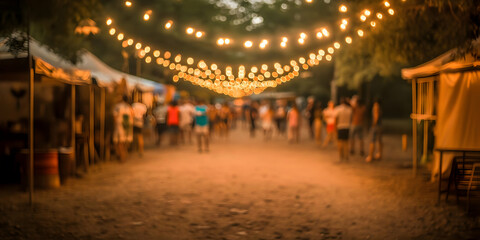 Fototapeta premium Blurry Night Market Scene Illuminates with Warm String Lights and Crowds of People Gently Strolling Underneath them.
